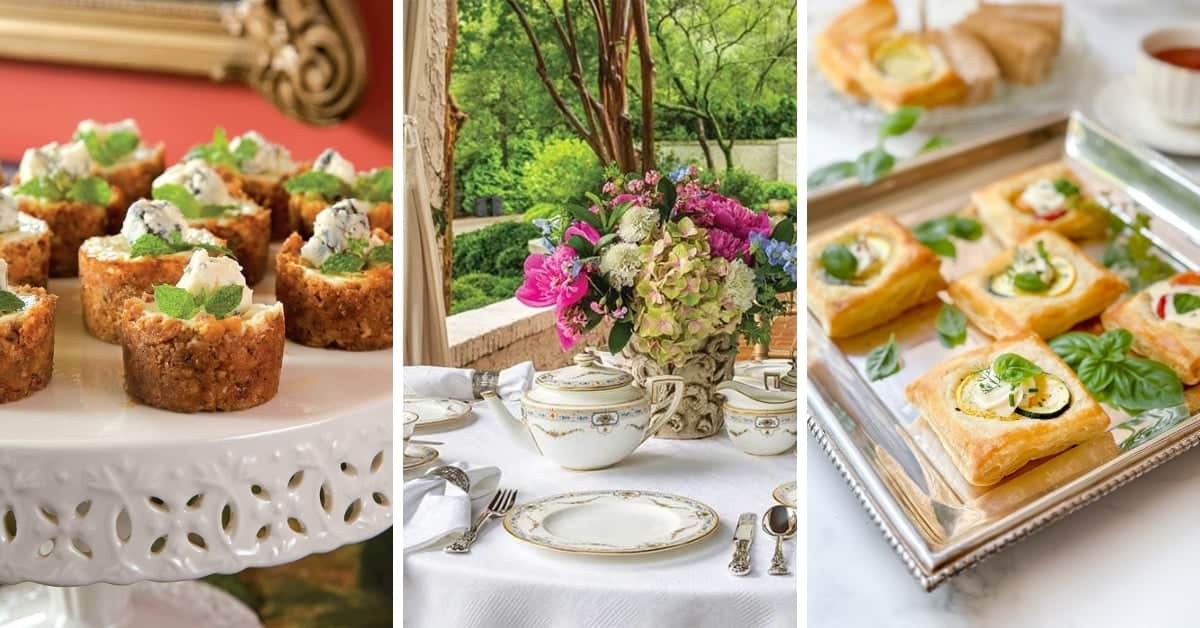 Three images: bite-sized cheesecake desserts on a cake stand, a garden tea table set with china, and puff pastry appetizers on a silver tray—perfect inspirations for your September Afternoon Tea.