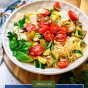 Single image poster of Easy Garden Pasta in a white bowl with colorful summer vegetables, fresh basil, and Parmesan — two design variations in deep blue, olive, and charcoal tones.