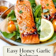 Two cooked salmon fillets garnished with herbs sit on a bed of spinach with cherry tomatoes and lemon, accompanied by a small bowl of sauce. Text reads: "Easy Honey Garlic Salmon – your go-to salmon recipe for a delicious meal.