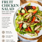 A chicken salad featuring mixed greens, sliced grilled chicken, assorted stone fruit, and a drizzle of vinaigrette; ingredients and dish description displayed alongside.