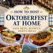 Pinterest graphic for hosting Oktoberfest at home with bratwurst, schnitzel, pretzels, Bavarian-style Leavenworth scenes, and easy menu and party ideas.