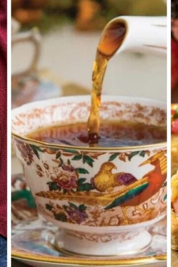 Three image collage of an autumn teacup, sweet potato canapés and apple tartlets.