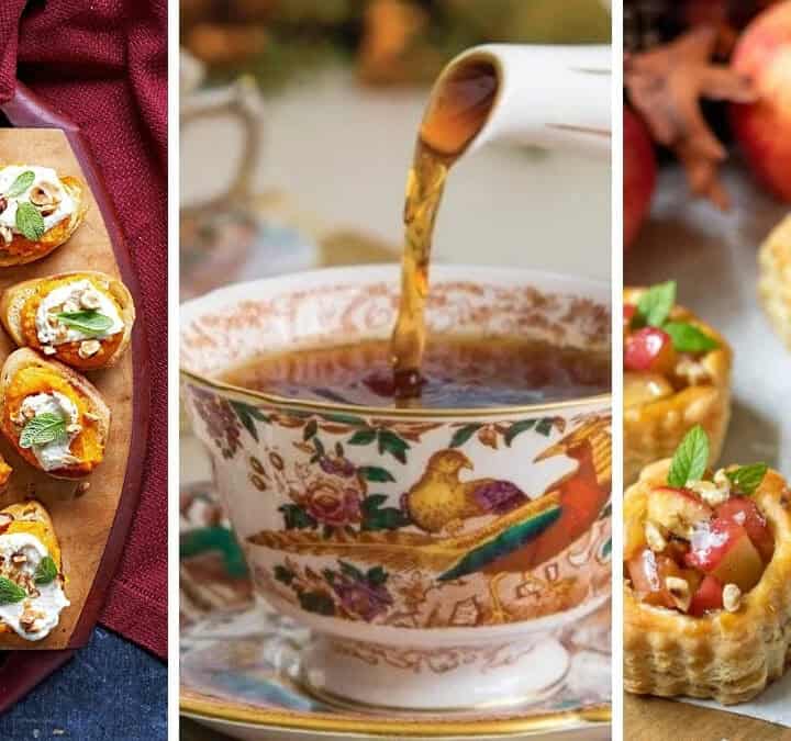 Three image collage of an autumn teacup, sweet potato canapés and apple tartlets.