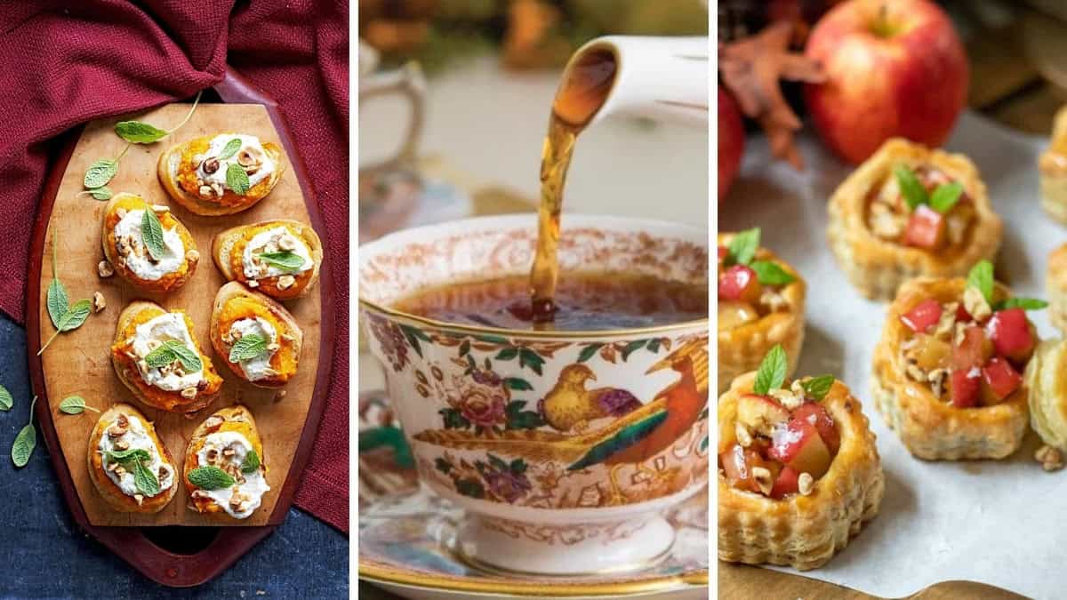 Three image collage of an autumn teacup, sweet potato canapés and apple tartlets.