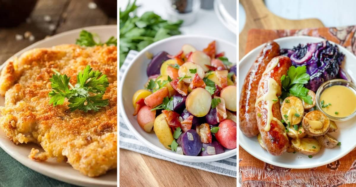 Three image collage of Oktoberfest party food ideas including schnitzel, German potato salad, and bratwurst and cabbage.