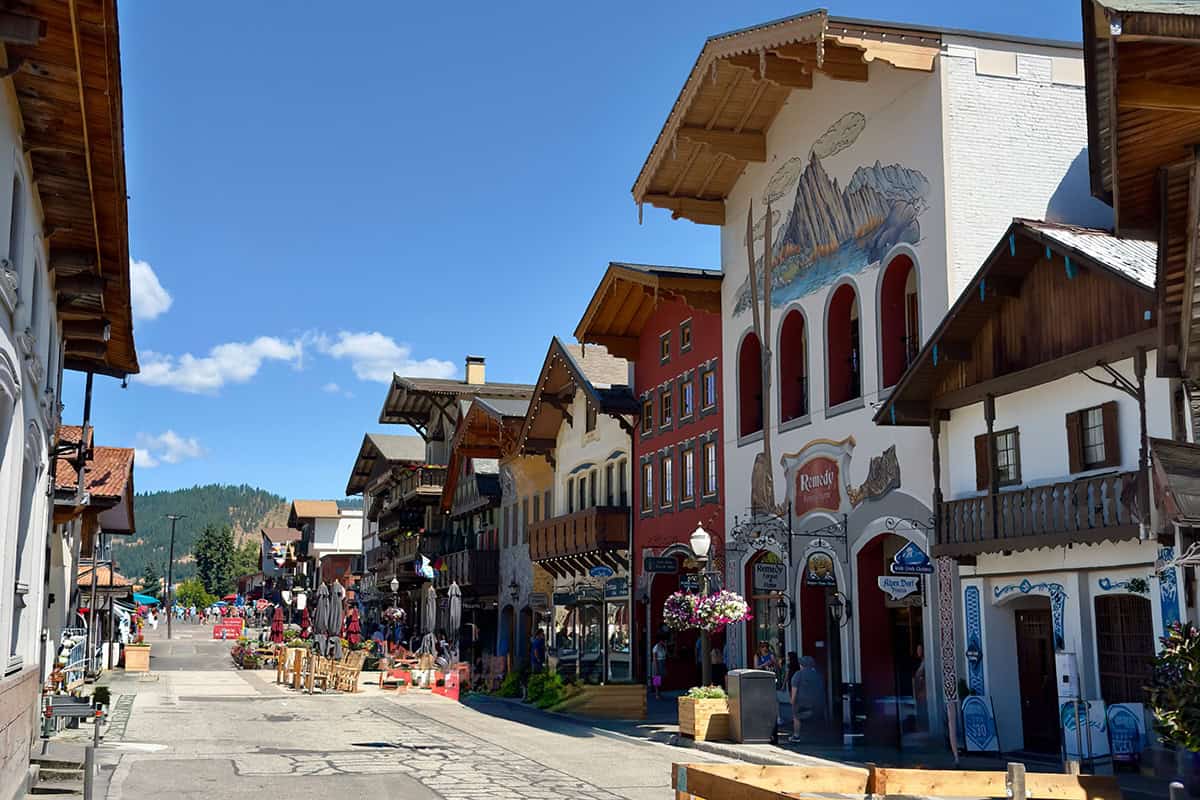 Bavarian-style buildings and outdoor gathering spaces in Leavenworth, Washington.