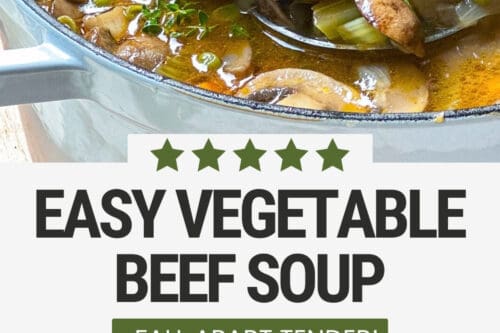Pinterest Pin featuring Vegetable Beef Soup in a pot with a ladle and a bowl ready for serving.