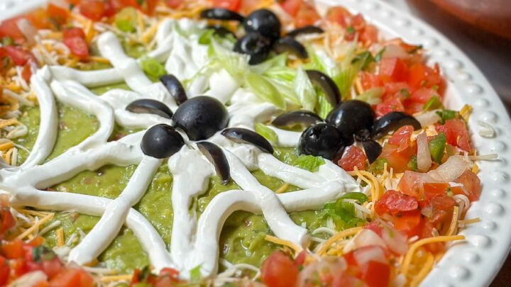 Side view of Halloween 7 Layer Dip ready for serving.