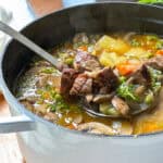 Ladel emerging from the soup pot with tender beef, vegetables and herbs for serving.