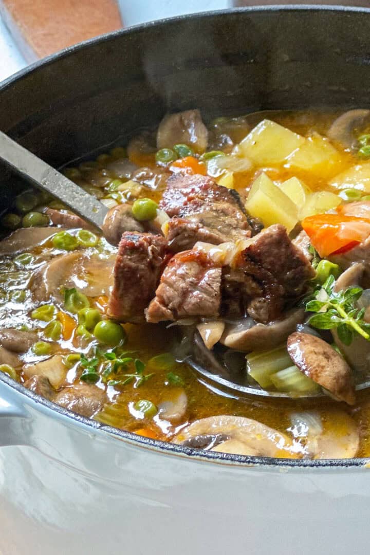 Ladel emerging from the soup pot with tender beef, vegetables and herbs for serving.