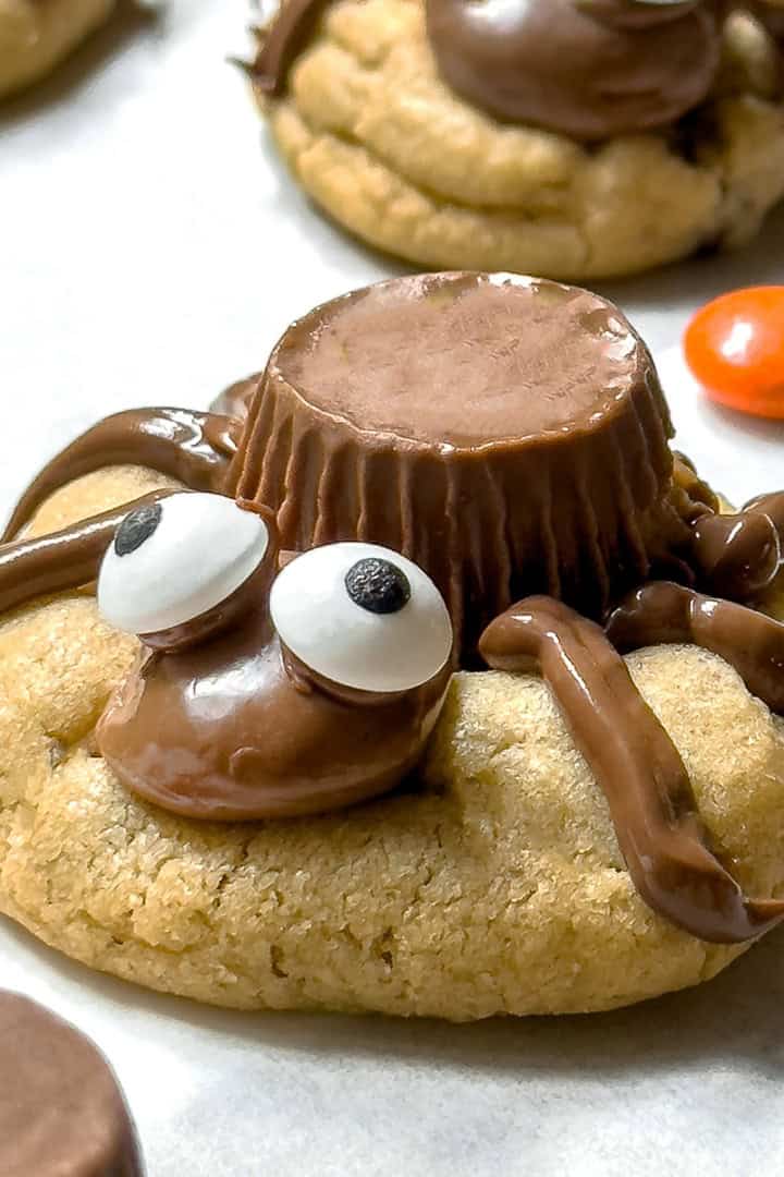 Closeup view of peanut butter chocolate spider cookies with candy eyes.