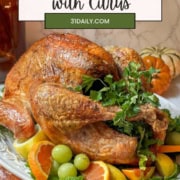 Pinterest Pin image of a roast turkey on a serving platter with the words, "Self Roasting Roast Turkey with Citrus."