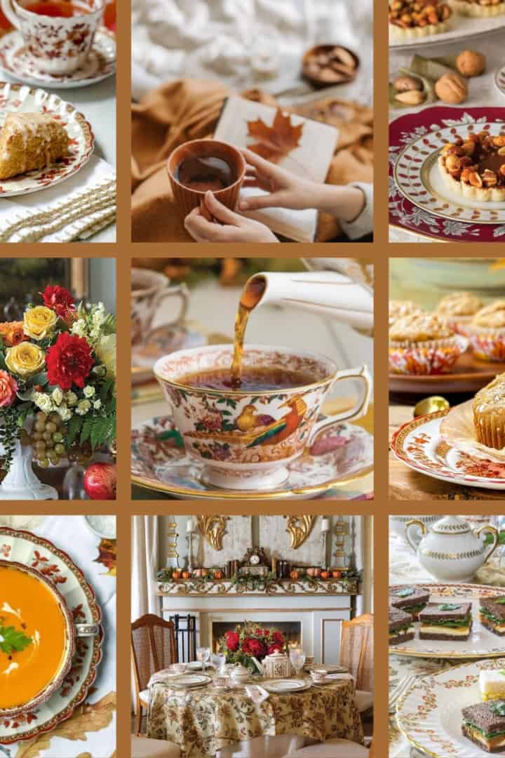 Square image collage of recipes and tablesettings for a November Afternoon Tea.