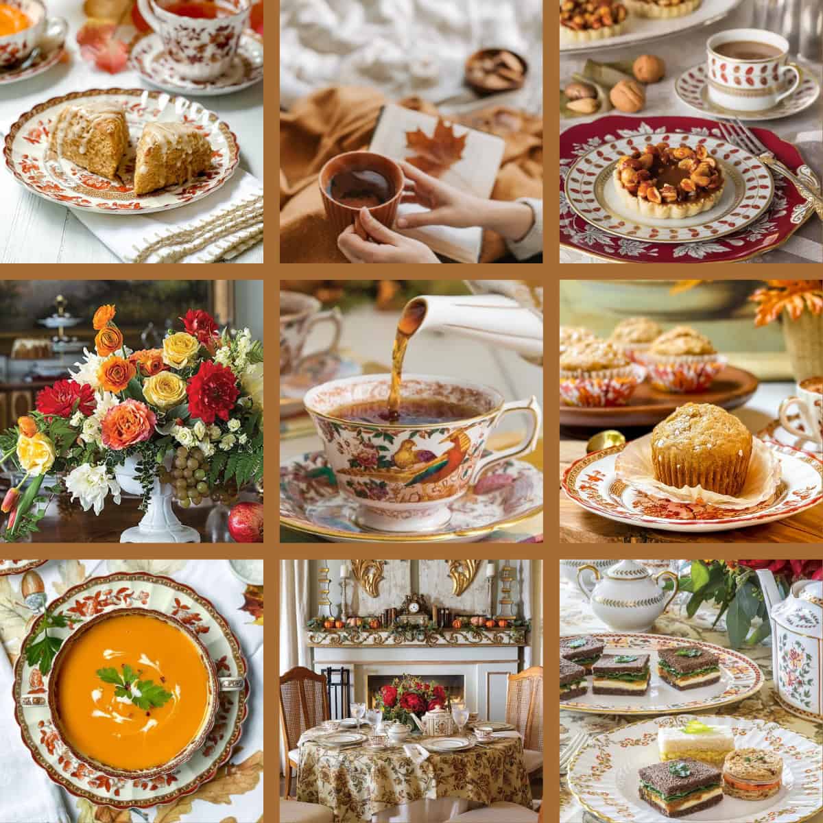 Square image collage of recipes and tablesettings for a November Afternoon Tea.