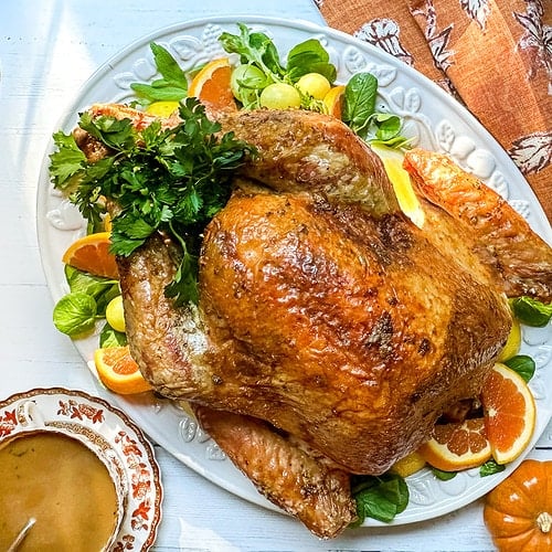Top view of Roast Turkey with Citrus and Herbs on a white platter with Turkey Gravey