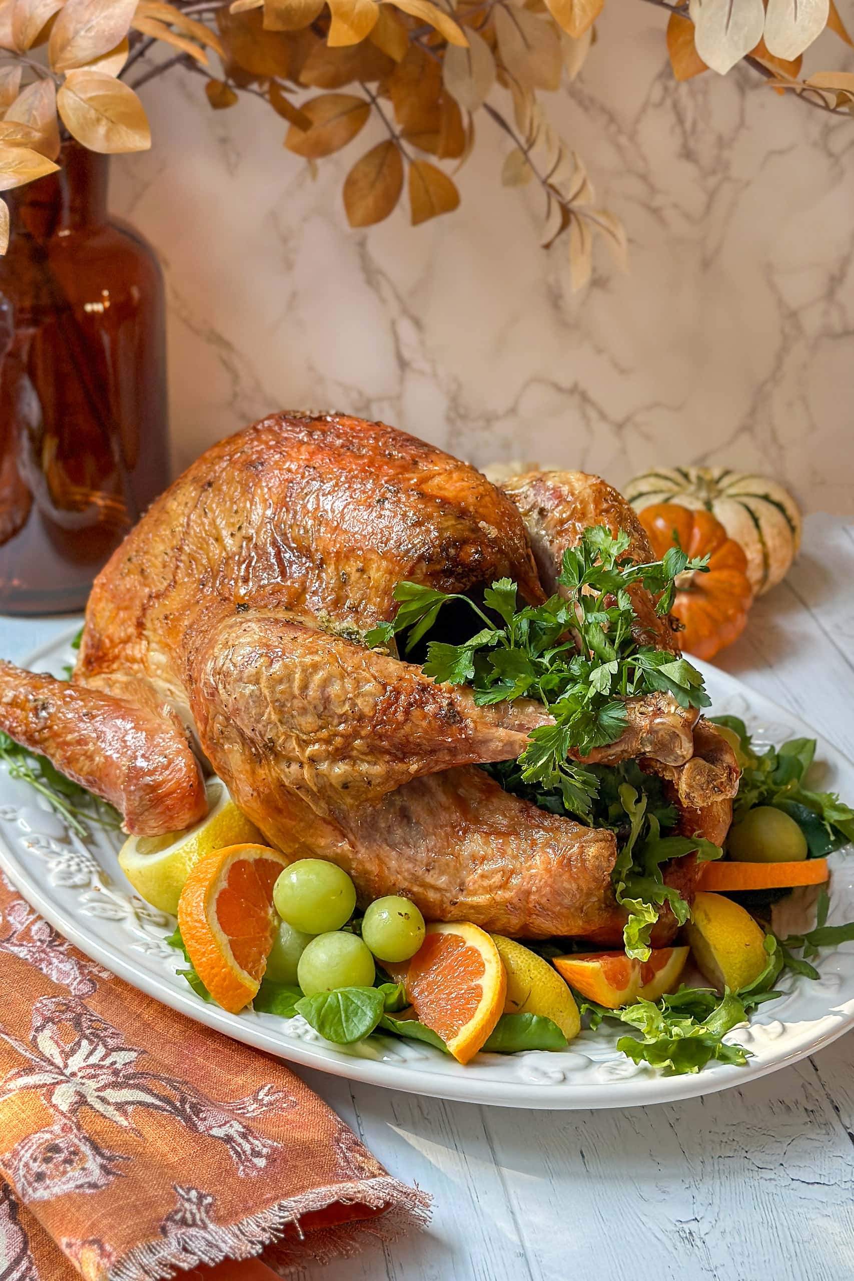 Side view of Citrus and Herb Roasted Turkey with fresh parsley