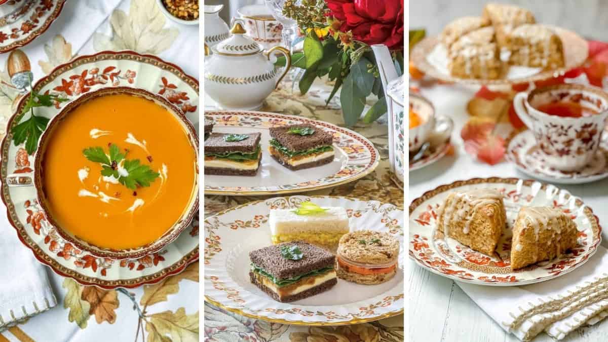 Three image collage of recipes to serve at a November Tea Party including soup, tea sandwiches, and scones.