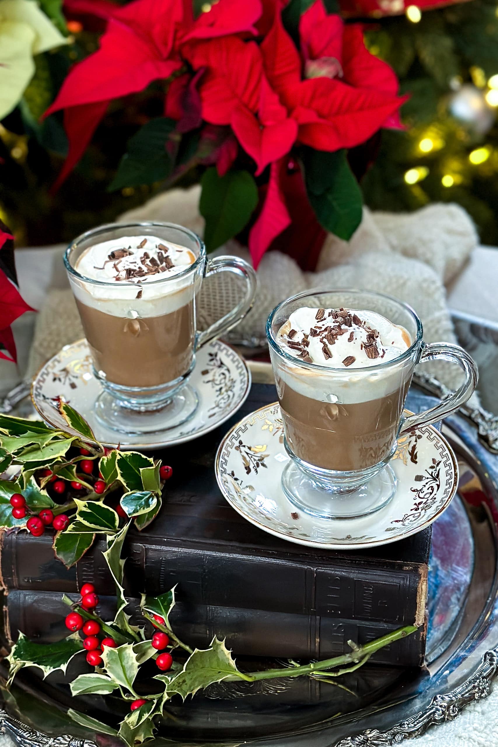 Serving Christmas Viennese Coffee in glass mugs by the tree after presents are opened on Christmas day.