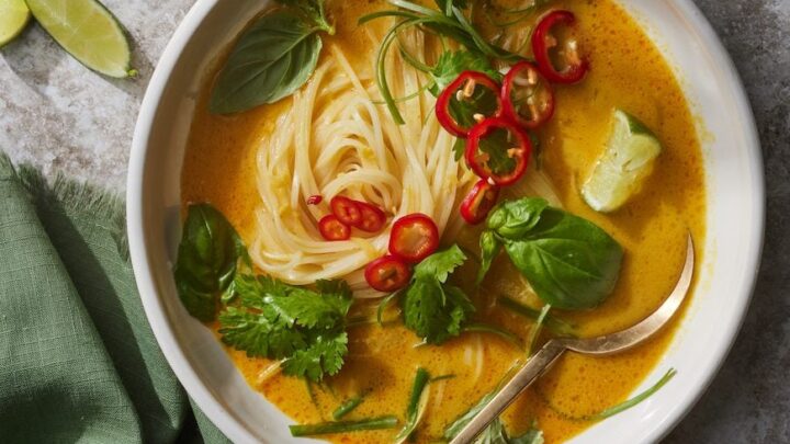 Top view of Coconut Curry Noodle Soup for January Healthy 30 Minute Dinners.