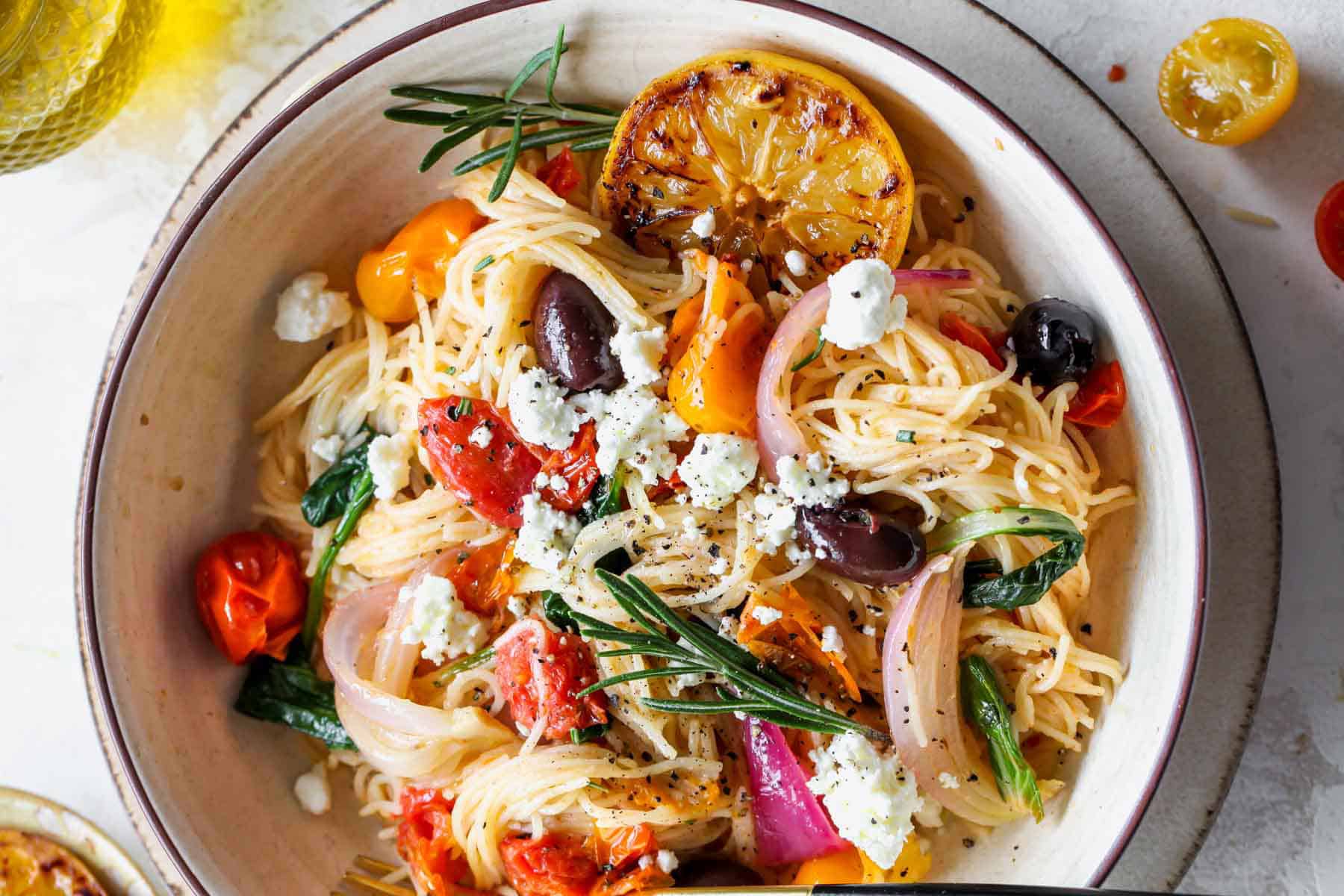 Top horizontal view of Mediterranean Pasta forLate Winter Mediterranean Diet Dinners Meal Plan (February 26)