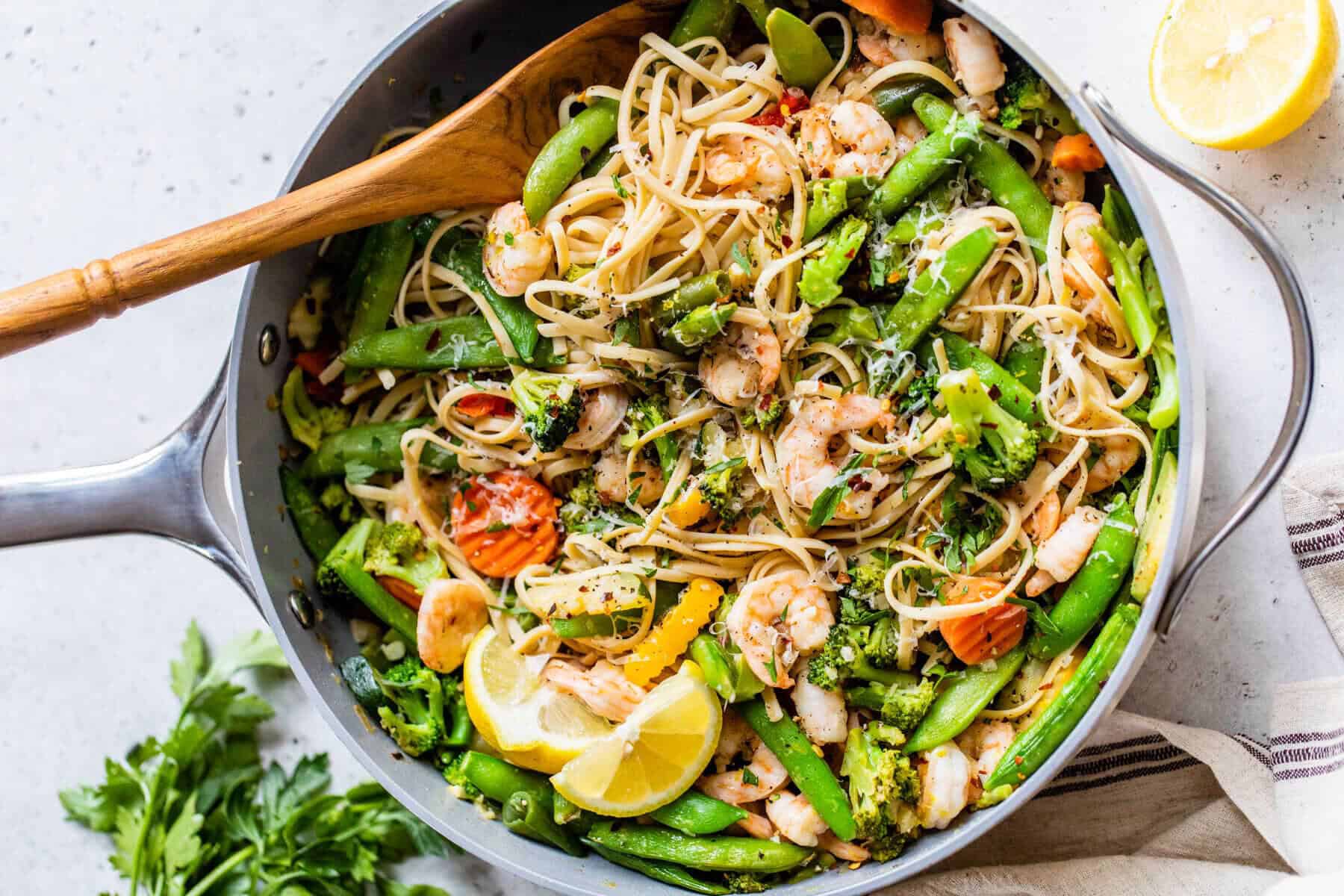 Top horizontal view of Garlic Shrimp skillet for March One Pot Dinners in 30 Minutes Meal Plan