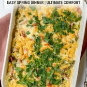 Single-image poster of Asparagus and Ham Casserole in a baking dish, styled with spring greens and melted cheese on top, warm elevated aesthetic in sage and cream tones.