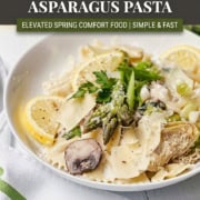 Single-image poster of one-pot ground turkey asparagus pasta in a creamy lemon sauce, styled with spring vegetables on a clean, elegant background in deep olive and charcoal tones.