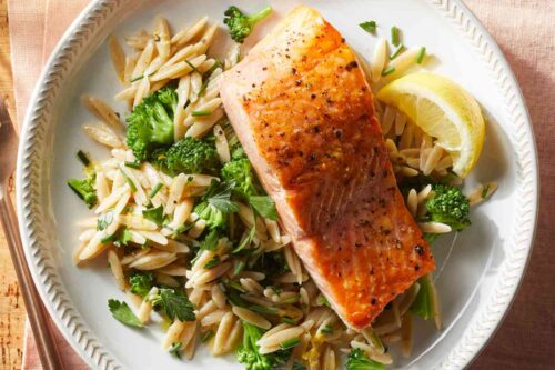 Top view of Salmon with Lemon Herb Orzo for Heart Healthy 30 Minute Dinners Meal Plan (March 18)