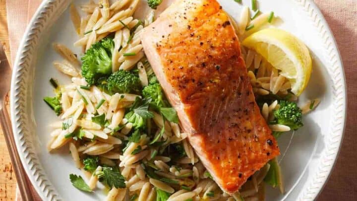 Top view of Salmon with Lemon Herb Orzo for Heart Healthy 30 Minute Dinners Meal Plan (March 18)