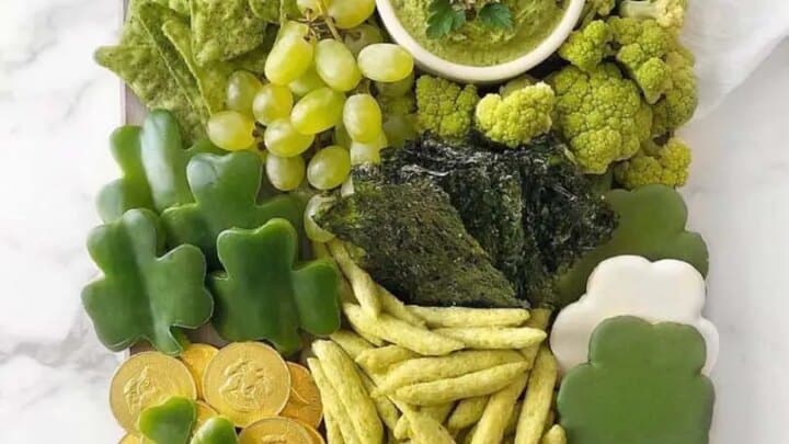 St. Patrick's Day snack board for kids with goodies.