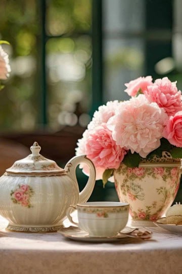 A floral-patterned teapot, teacups, and a matching vase with pink flowers are arranged on a table with macarons, perfect for an easy Spring Afternoon Tea Party set against a sunlit garden backdrop.