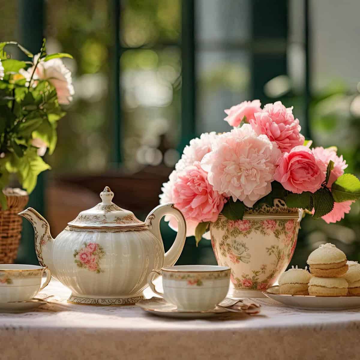 A floral-patterned teapot, teacups, and a matching vase with pink flowers are arranged on a table with macarons, perfect for an easy Spring Afternoon Tea Party set against a sunlit garden backdrop.