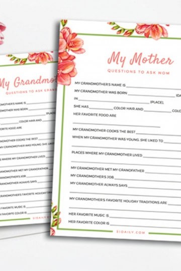Two floral-themed "My Mother" and "My Grandmother" questionnaires with fill-in-the-blank Mother's Day Questions about their lives, placed on a white surface with pink tulips nearby.