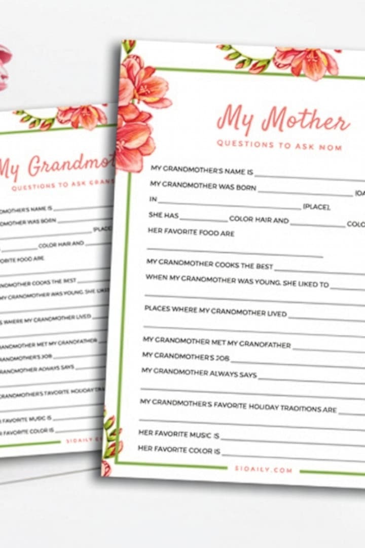 Two floral-themed "My Mother" and "My Grandmother" questionnaires with fill-in-the-blank Mother's Day Questions about their lives, placed on a white surface with pink tulips nearby.