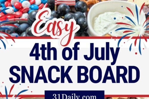 Celebrate with a festive Fourth of July Snack Board featuring strawberries, blueberries, cheese, crackers, pretzels, candies, and dips, all adorned with mini American flags and vibrant red, white, and blue treats.