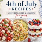 A promotional image for make-ahead 4th of July recipes, featuring delicious appetizers, sides, and desserts—showcasing colorful skewers, fresh corn salad, and a festive berry trifle.
