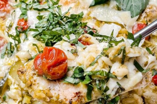 Pinterest Pin for One Pan Caprese Pesto Chicken Orzo