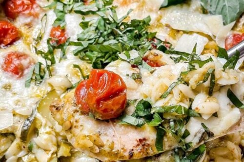Pinterest PIn for One Pan Caprese Pesto Chicken Orzo