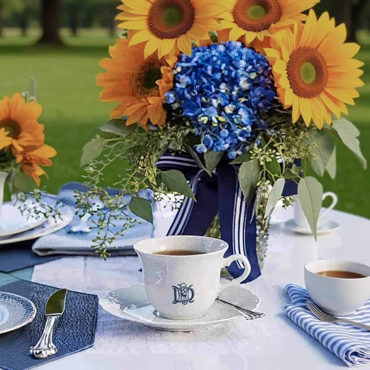 A white table set outdoors for a Father's Day tea party, featuring cups of coffee, plates, silverware, and a centerpiece of sunflowers, blue hydrangeas, and greenery tied with a blue ribbon.