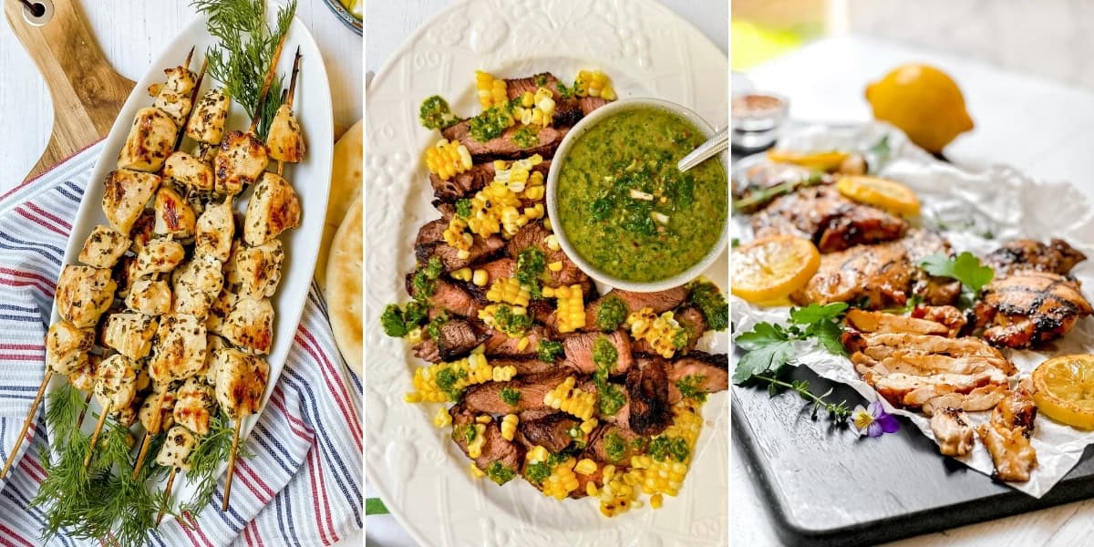 Three dishes perfect for Father's Day Recipes: grilled chicken skewers on herbs, sliced steak with corn and green Chimichurri, and grilled chicken with lemon slices on a platter.