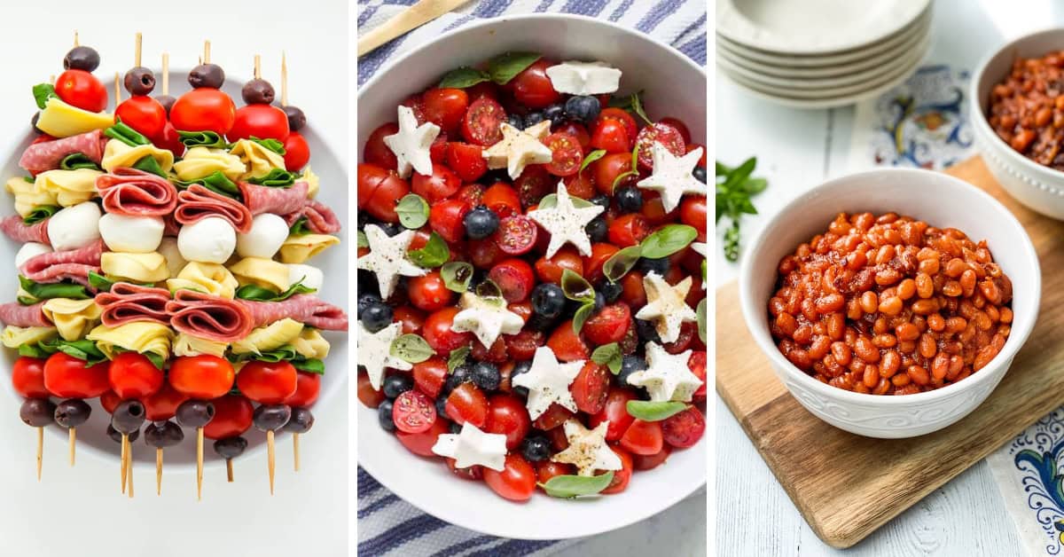 A collage features make-ahead 4th of July recipes: skewers with cheese, meats, tomatoes, and olives; a salad with cherry tomatoes, blueberries, and star-shaped cheese; plus a bowl of baked beans on a cutting board beside stacked bowls.