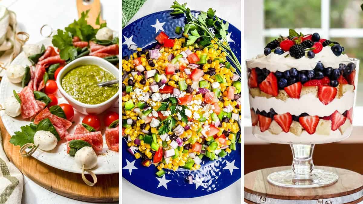 Three make-ahead 4th of July recipes are shown: an antipasto platter with salami, mozzarella, tomatoes, and pesto; a corn salad with vegetables on a star-patterned plate; and a layered trifle with berries and cream.