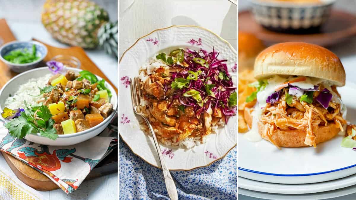 Three dishes: a bowl of rice with tofu and pineapple, perfect for summer slow cooker meals, a plate of shredded chicken with rice and cabbage, and a shredded chicken sandwich with purple cabbage on a bun.