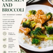 A plate of Chicken and Broccoli with savory sauce over white rice, highlighting a 15-minute Chicken and Broccoli easy weeknight dinner recipe.