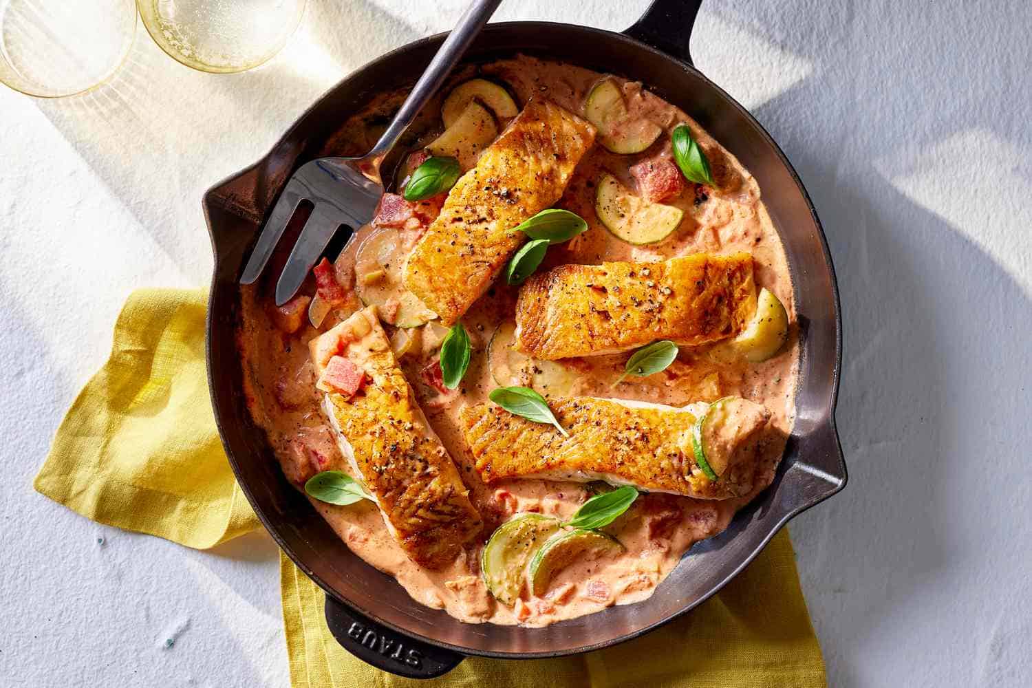 Top view of creamy tomato salmon in a cast iron skillet for July 20 Minute Dinners meal plan.