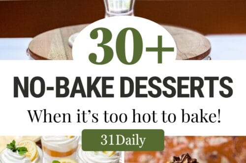 A collage features layered trifles with berries, parfaits in jars, chocolate pie, strawberry desserts, and peanut butter bars, highlighting over 30 no-bake desserts perfect for when it’s too hot to bake!.