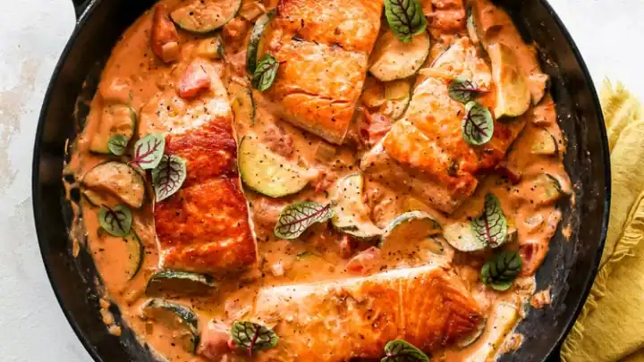 Top view of creamy tomato salmon dish in a black cast iron skillet.
