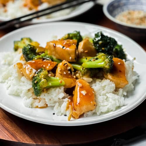 A plate of Chicken and Broccoli features tender chicken, crisp broccoli, and glossy brown sauce over white rice, garnished with sesame seeds. A bowl with seasoning and chopsticks are in the background.