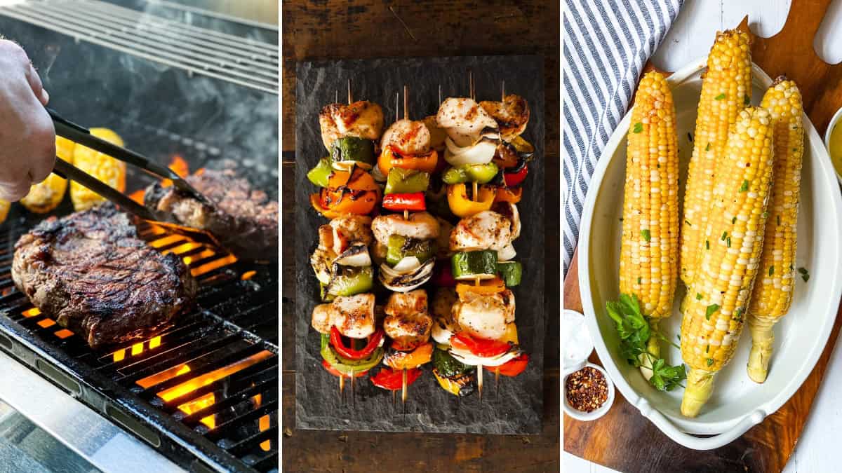 Three images show: a steak being grilled, assorted grilled chicken and vegetable skewers on a slate board, and cooked corn on the cob garnished with herbs-delicious inspirations for your next grill recipes.