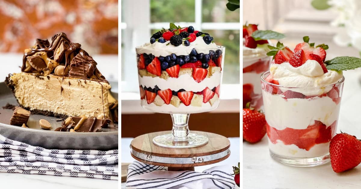Three no-bake desserts: a slice of peanut butter chocolate pie, a layered berry trifle in a glass dish, and a strawberry parfait with whipped cream and fresh mint, all displayed on striped cloths.